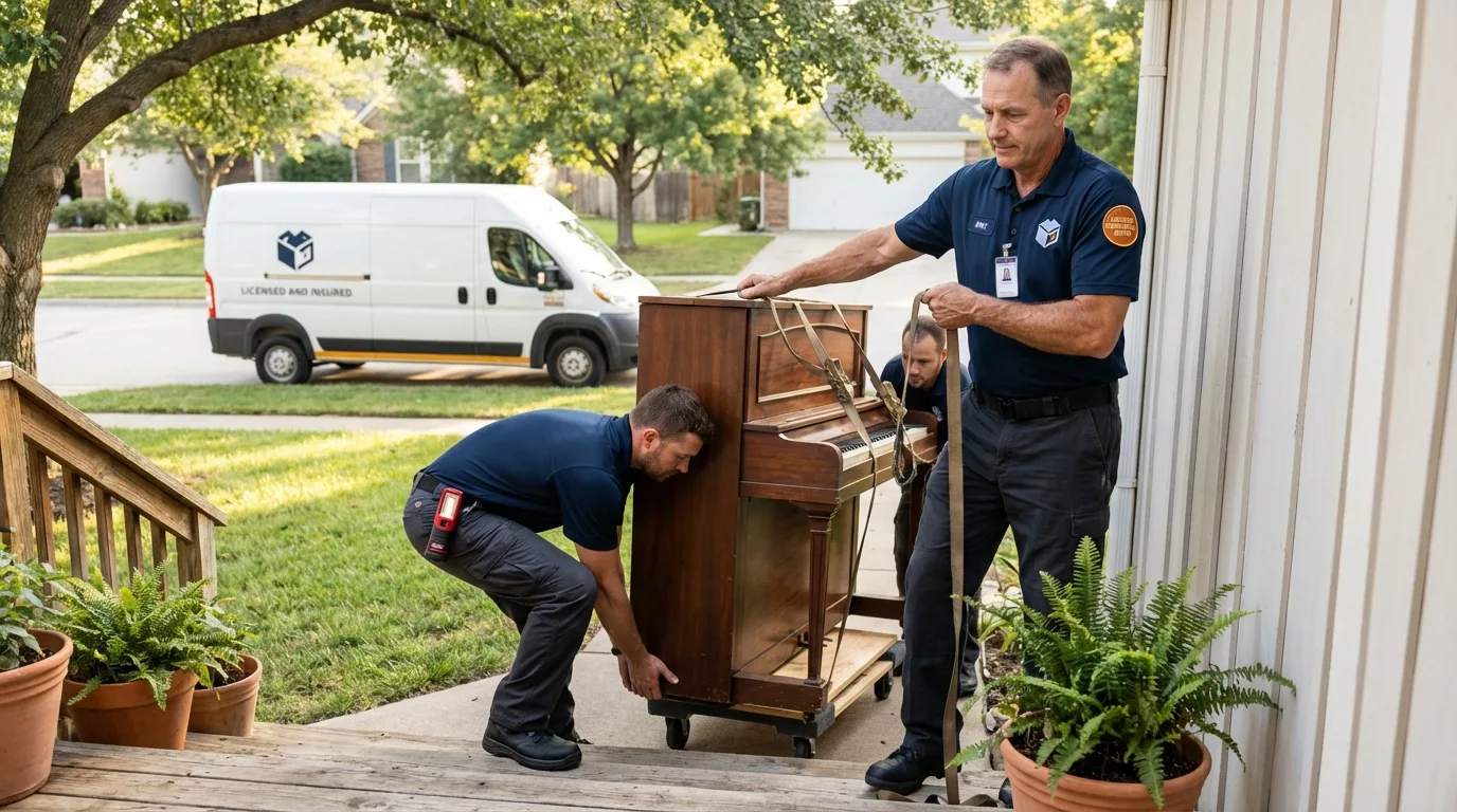 Licensed piano movers securing grand piano in Elburn, IL
