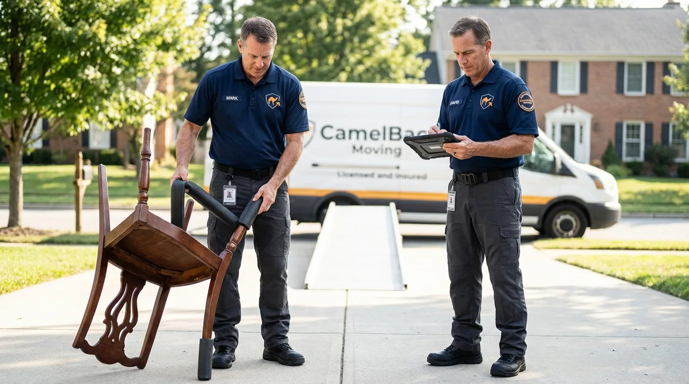 Movers inspecting furniture for damage prevention before loading in Elburn, IL