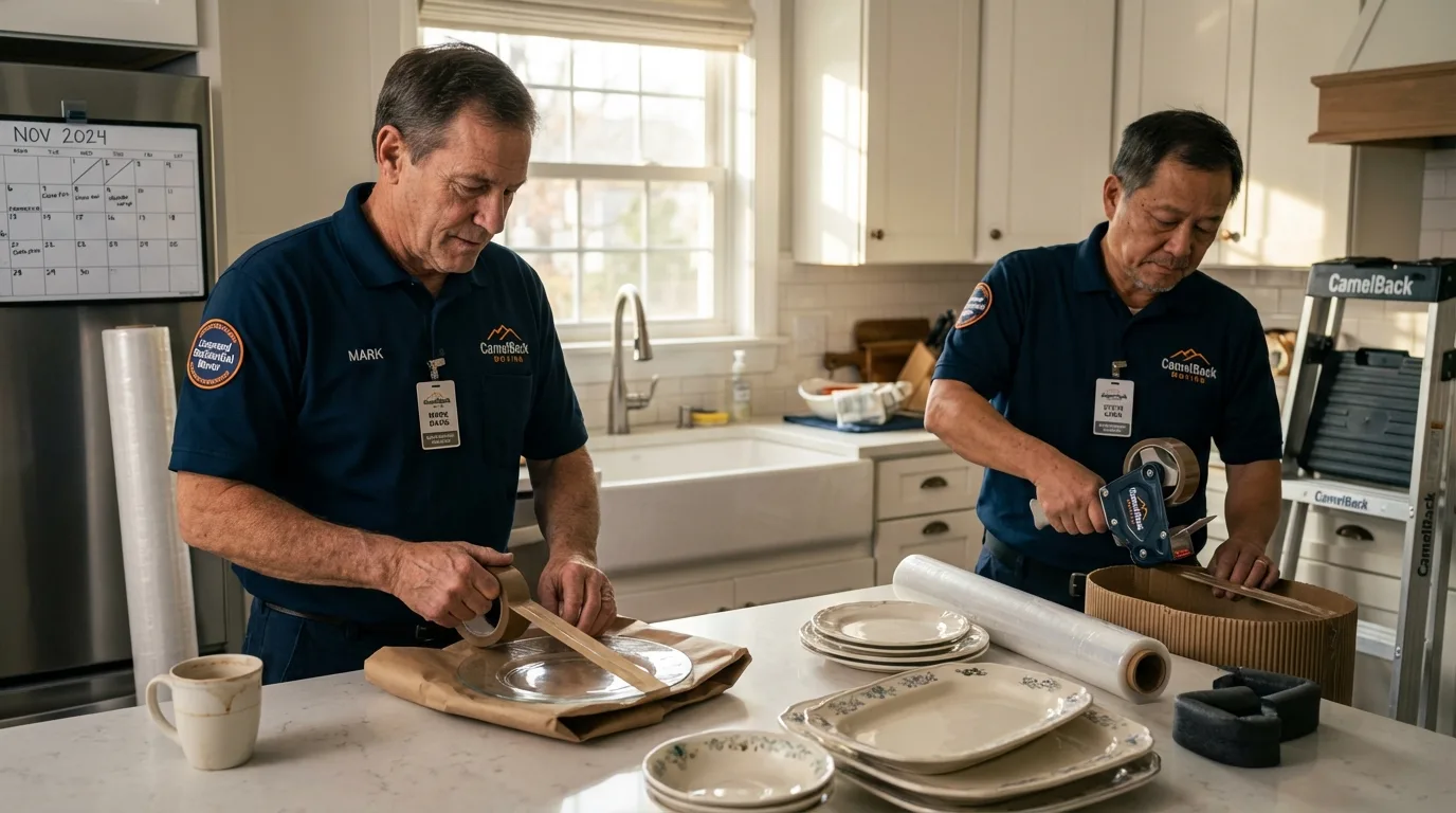 Professional crew packing kitchen dishware in Elburn, IL